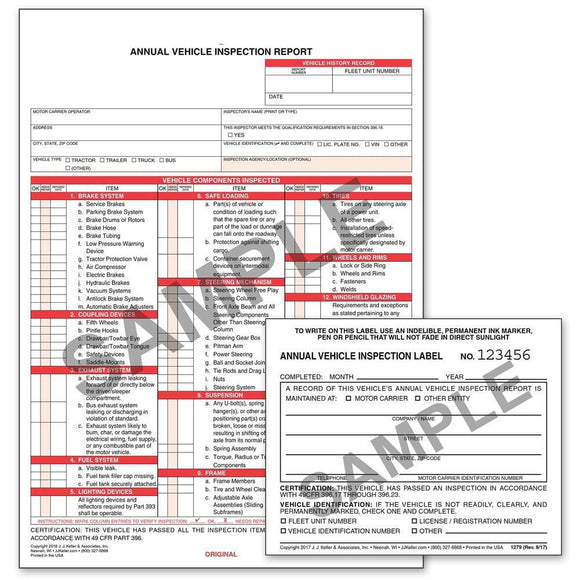 400-MP-25, 400-MP-50, 400-MP-120 J.J. Keller Carbonless Annual Vehicle Inspection Report with Label